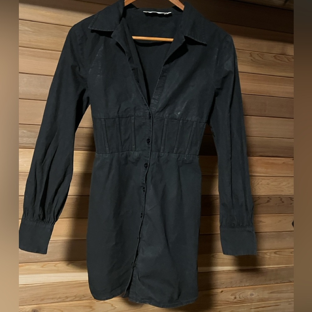 Shirt Collar Corset Meshki Black Long Sleeve Dress